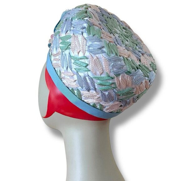 Vintage 1960s Womens Dress Hat Raffia Ribbon Woven Pastels Easter Wedding Derby - Picture 15 of 16